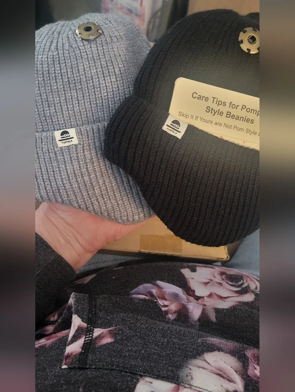 Furtalk Gray & Black Ribbed Knit Beanies With Pom Poms.grows With Your Child